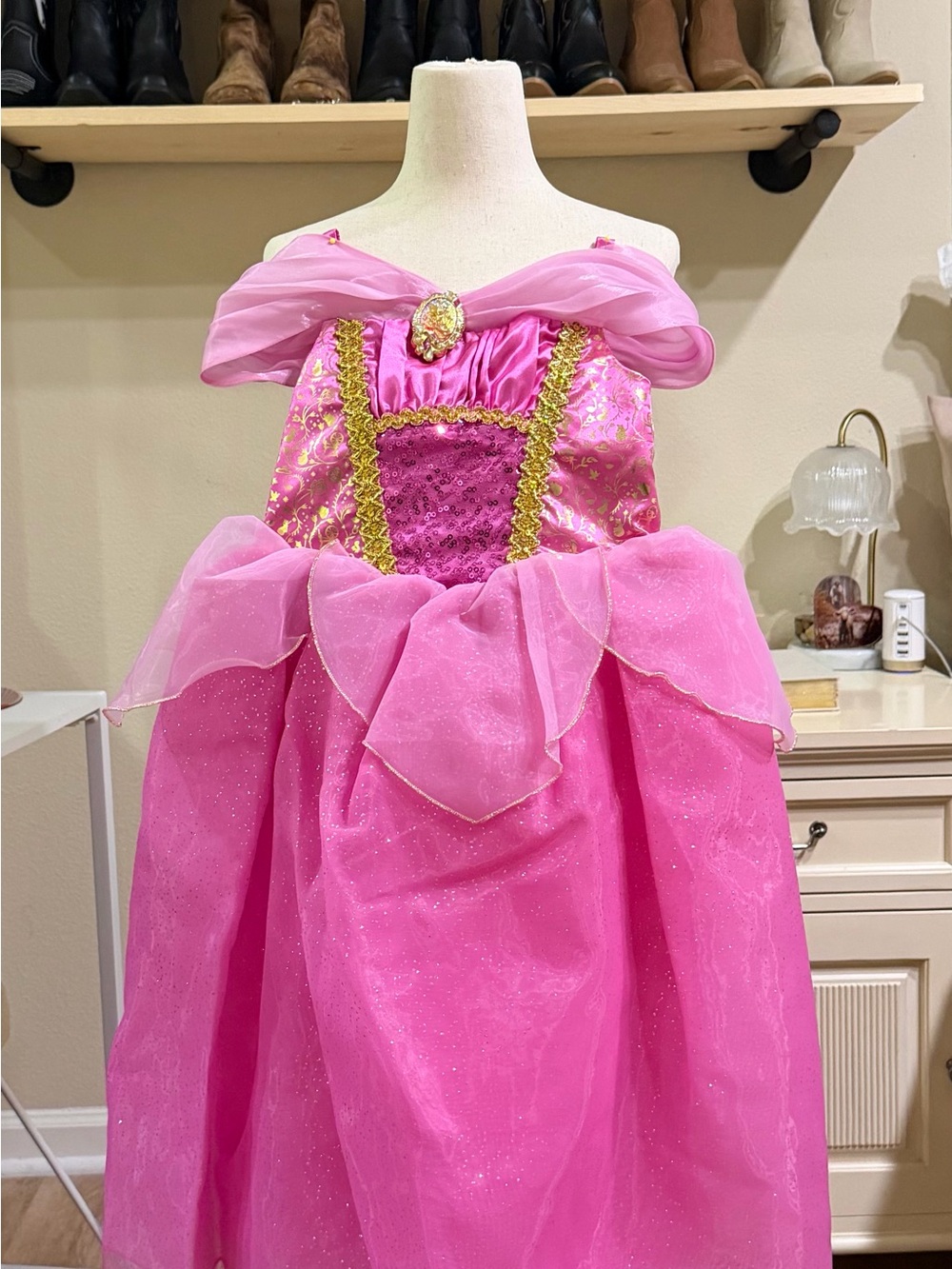 Girls Pink Disney’s Sleeping Beauty Costume Dress with Gold Trim